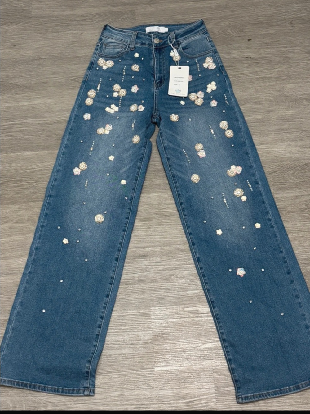 Embellished Floral Wide-Leg Jeans - Blue